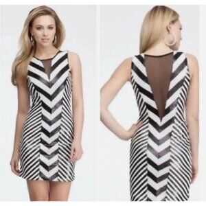 Bebe Women’s Sequin Cocktail Party Mini Dress Black White Chevron Sz M